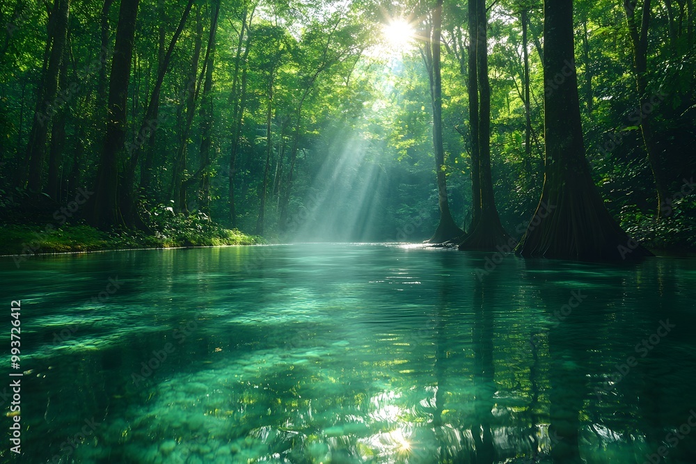Obraz premium A bright and peaceful view of a lush forest with a crystal clear stream that reveals the rocks beneath. Sunlight filters through tall trees. No people. A natural scene suitable for ecotourism.