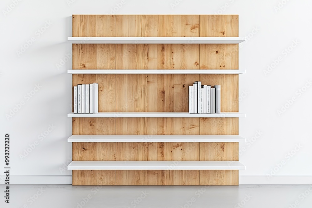Sleek, modern Scandinavian bookshelf with white shelves and natural wood backing, positioned against a plain wall in a minimalistic space. Sleek, modern Scandinavian bookshelf with white shelves and natural wood backing, positioned against a plain wall in a minimalistic space.