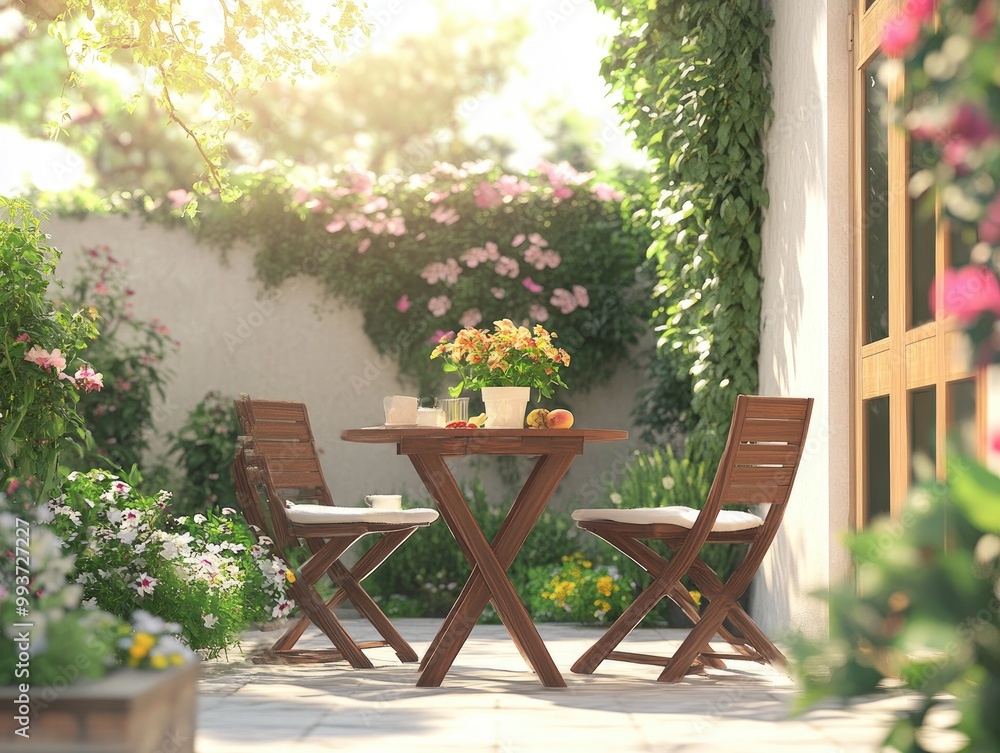 Obraz premium Garden furniture set with a small table and chairs, creating a perfect outdoor dining spot among flowers and plants