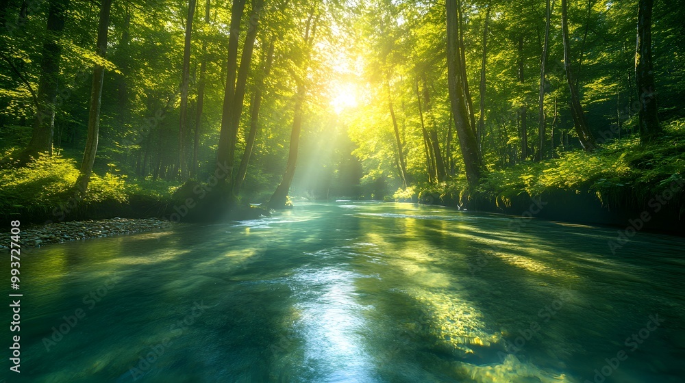 Fototapeta premium A bright and peaceful view of a lush forest with a crystal clear stream that reveals the rocks beneath. Sunlight filters through tall trees. No people. A natural scene suitable for ecotourism.