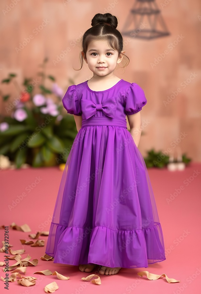 A little cute girl in a purple long dress with a bow on the front A little cute girl in a purple long dress with a bow on the front