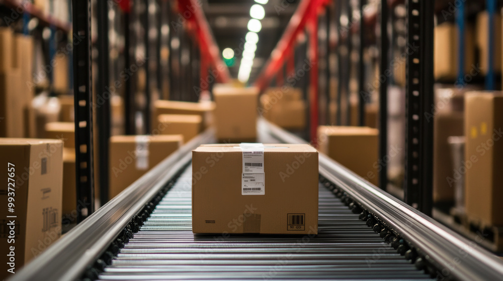 Efficiently moving packages through modern warehouse, this image showcases conveyor belt system transporting cardboard boxes. organized layout highlights logistics of distribution Efficiently moving packages through modern warehouse, this image showcases conveyor belt system transporting cardboard boxes. organized layout highlights logistics of distribution