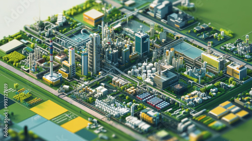 detailed aerial view of modern industrial complex showcasing various factories, storage facilities, and green spaces. vibrant layout highlights integration of technology and nature in urban planning