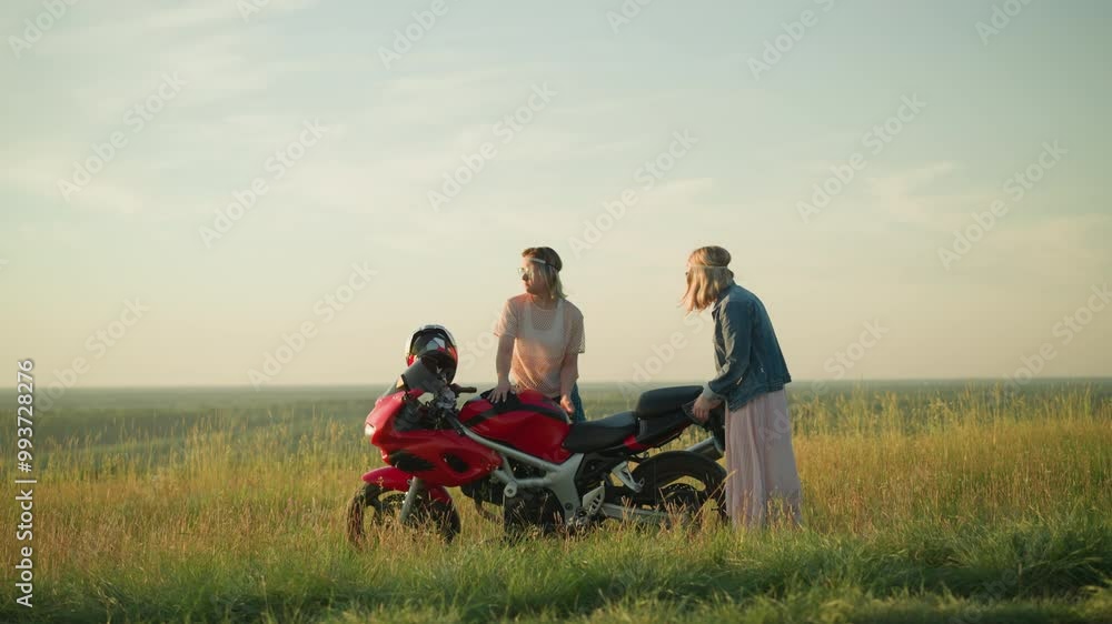 Two sisters are cleaning a red motorcycle in an open grassy field, one focuses on wiping the tank, while the other cleans the seat Two sisters are cleaning a red motorcycle in an open grassy field, one focuses on wiping the tank, while the other cleans the seat
