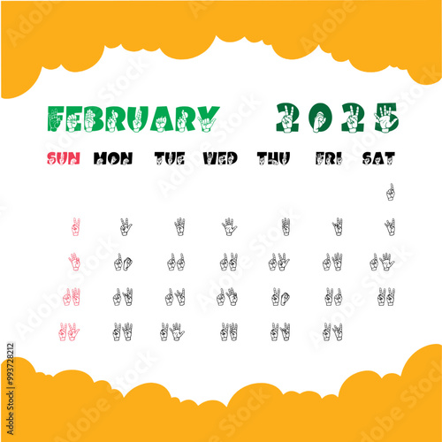 Asl 2025 February Calendar, American Sign Language Calendar For 2025 Year, ASL Calendar-02 Template. Mock Up, Layout Of A Wall Or Desk Simple Calendar