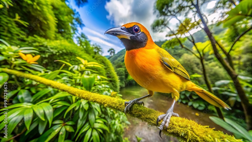 Fototapeta premium Vibrant Yellow Tropical Bird Perched on a Branch Against a Lush Green Background in Nature