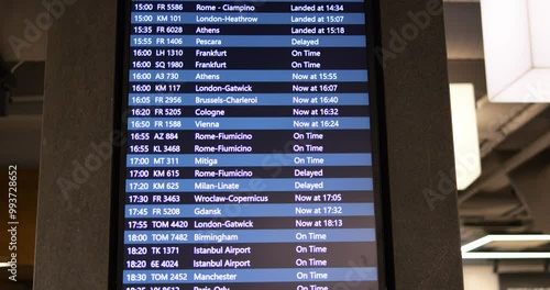 Airport departures information on digital display for passengers on concrete wall. Info board screen with arrivals data for customers comfort in hall