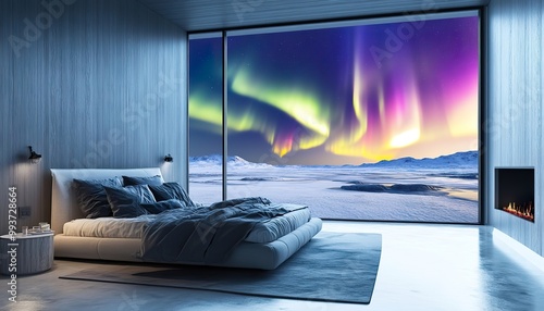 Spacious, clean bedroom design with a full wall window view of the Northern Lightsa?? colors reflecting across a frozen landscape. photo