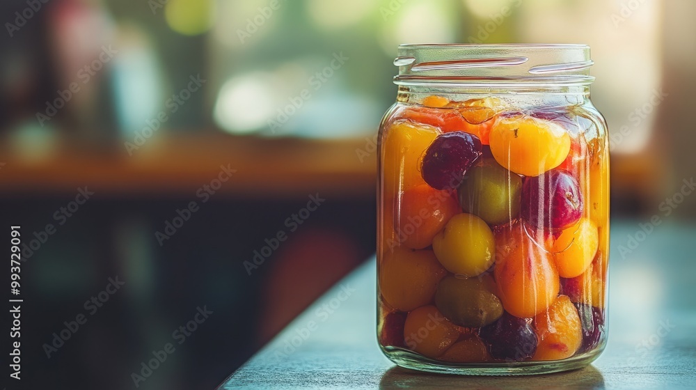Glass jar filled with preserved fruit, vibrant colors contrasting with the transparent jar Glass jar filled with preserved fruit, vibrant colors contrasting with the transparent jar