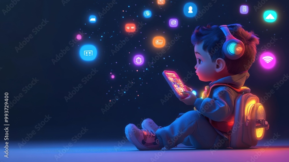 Fototapeta premium toddler with tech symbols flat design side view virtual theme 3D render vivid