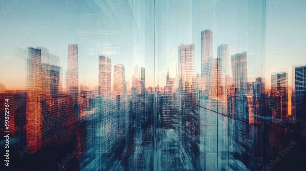 Fototapeta premium Glass reflection of a city skyline, the clear glass distorting the buildings in an artistic way