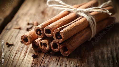 A bundle of cinnamon sticks tied with twine, resting on a wooden surface with scattered cloves nearby.