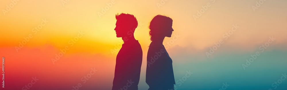 Couple standing back to back in marital conflict Couple standing back to back in marital conflict