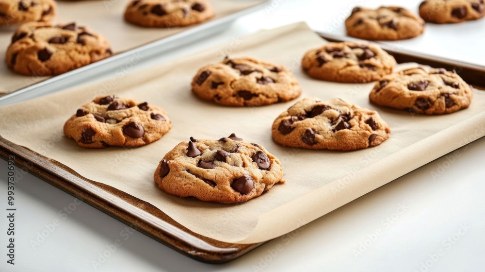 A tray of chocolate chip cookies sits on a white counter A tray of chocolate chip cookies sits on a white counter