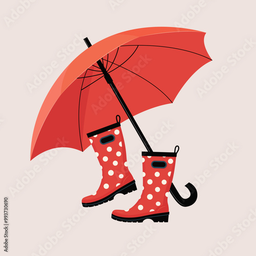 Autumn rubber boots and unmbrella, cute hand drawn seasonal fall object. Vector illustration in flat style