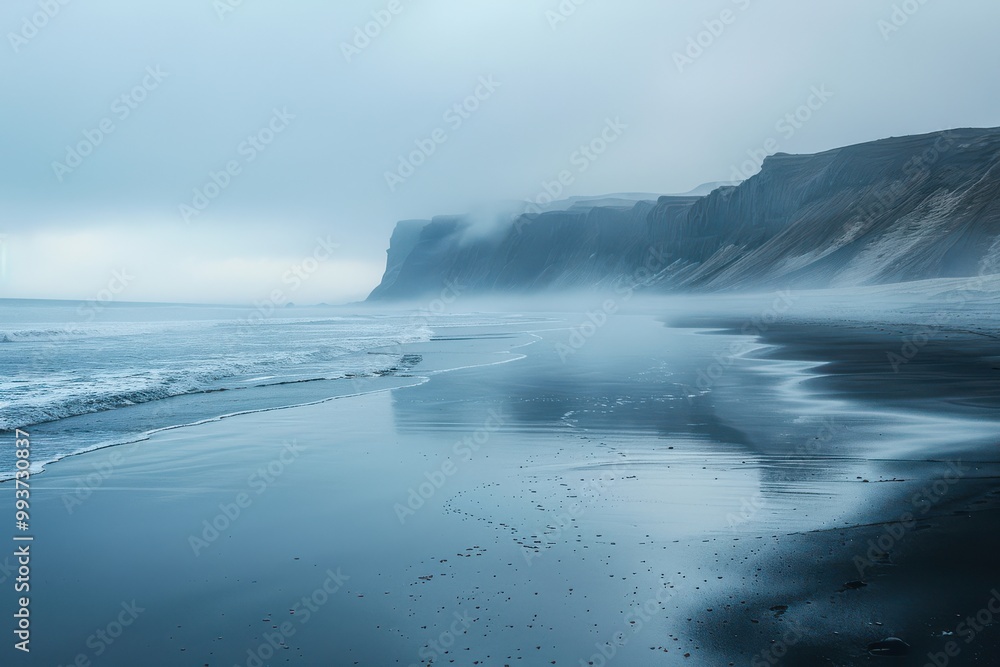 A misty Icelandic beach with black sands, waves crashing onshore, and a foggy horizon. Free copy space for text. A misty Icelandic beach with black sands, waves crashing onshore, and a foggy horizon. Free copy space for text.