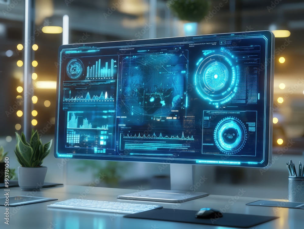 Fototapeta premium Holographic computer screen with interactive 3D elements floating above the desk, advanced tech environment