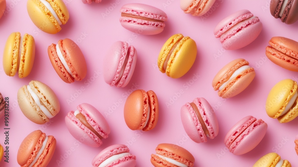 Colorful macarons arranged in a pattern on a pink background. Colorful macarons arranged in a pattern on a pink background.