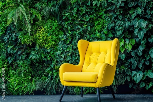 Vibrant yellow armchair set against a lush vertical wall of greenery, contrasting the natural and modern design.