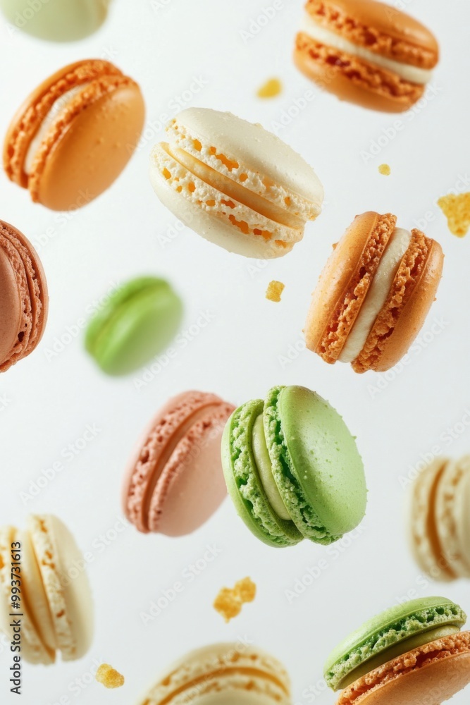 Colorful macarons falling against a white background. Colorful macarons falling against a white background.
