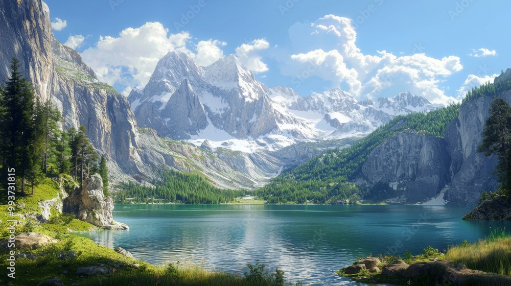 Fototapeta premium A panoramic view of the mountains and lake. Beautiful landscape stunning natural landscape