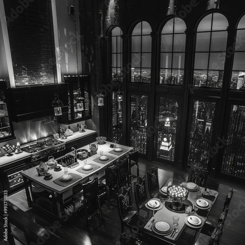 hihg angle shot of gothic medieval kitchen, spacious and sofisticated, with custom furniture and cooking table in the center. There are cups and plates for dinner, black and white colours photo