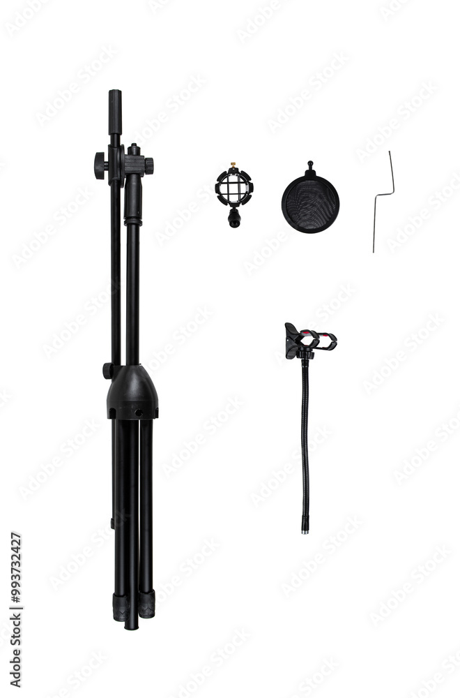 Fototapeta premium “Professional black microphone stand with boom arm and pop filter isolated on white back