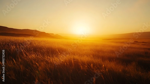 Golden sunset over a grassy field with hills in the distance.