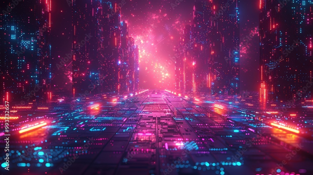Obraz premium Cybernetic Arena, vibrant energy blocks illuminate a vast void, dynamic neon shapes and colorful lines create a magical ambiance, showcasing a futuristic user interface.