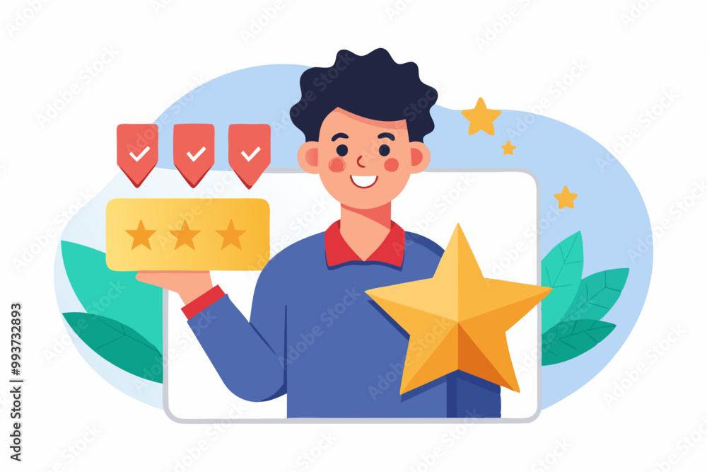 Customer experience, best score rating, client feedback or consumer review, 5 stars rating, like or positive survey, customer satisfaction concept, happy young adult customer holding 5 stars rating Customer experience, best score rating, client feedback or consumer review, 5 stars rating, like or positive survey, customer satisfaction concept, happy young adult customer holding 5 stars rating