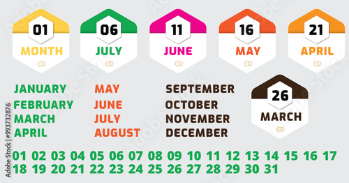 Colorful Save The Date And Day Calander With Month And Date Number Template. Mock Up, Layout Of A Wall Or Desk Simple Calendar