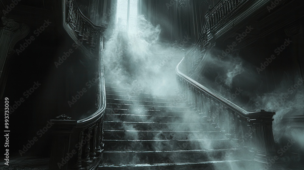 Enigmatic Staircase in Dimly Lit Haunted Manor Enigmatic Staircase in Dimly Lit Haunted Manor