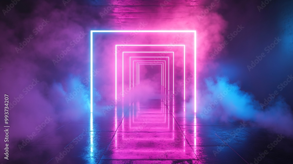 Glowing Neon Light Square Frames in Dark Background. AI generated illustration Glowing Neon Light Square Frames in Dark Background. AI generated illustration