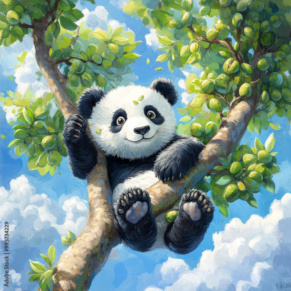 Obraz premium A playful panda, with fluffy black and white fur, sits comfortably in the branches of a vibrant green pistachio tree, under a clear blue sky filled with fluffy white clouds
