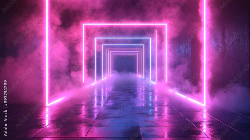 Glowing Neon Light Square Frames in Dark Background. AI generated illustration Glowing Neon Light Square Frames in Dark Background. AI generated illustration