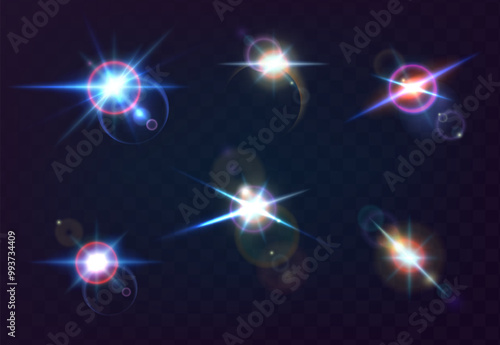 Realistic vector illustration flares, glowing effects. Sunbeams, sunlight glare effects, sun rays light.