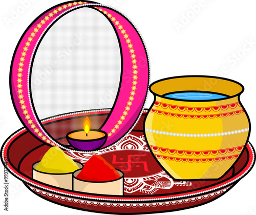 Karwa Chauth Indian festival pooja thali vector illustration. Karwa chauth celebrated by couples, woman fast for their husband's long life