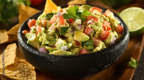 A vibrant bowl of guacamole with fresh ingredients and tortilla chips.