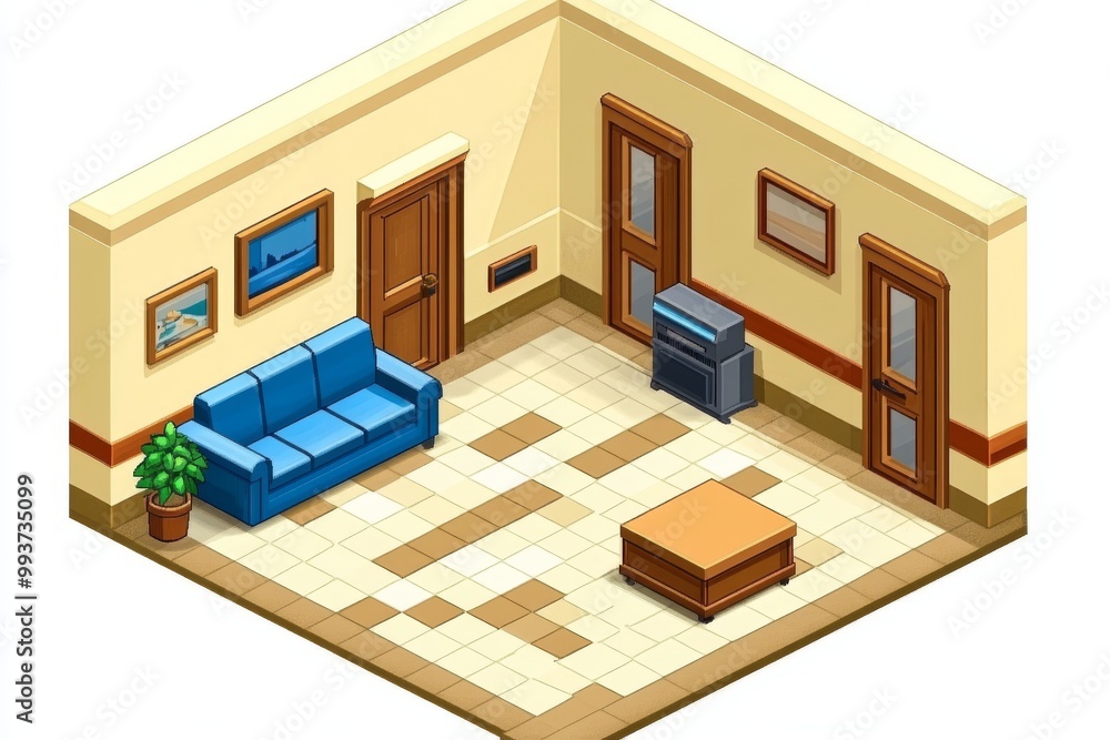 Isometric 3D illustration of a cozy living room interior with beige walls wooden furniture and blue sofas creating a warm and inviting atmosphere in a small residential space Isometric 3D illustration of a cozy living room interior with beige walls wooden furniture and blue sofas creating a warm and inviting atmosphere in a small residential space