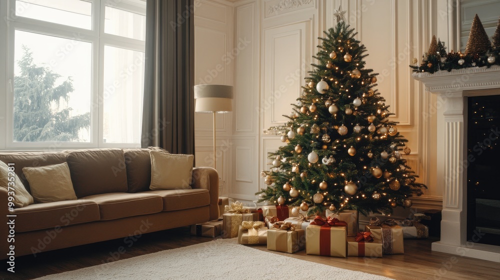 Cozy living room with a beautifully decorated Christmas tree, Cozy living room with a beautifully decorated Christmas tree,
