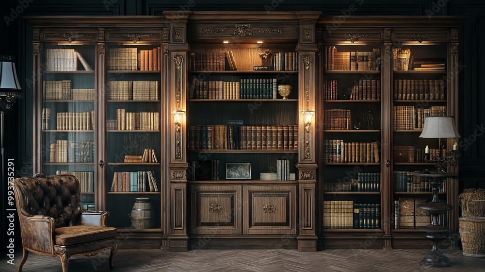 Classical Wooden Bookcase Filled with Books Against Dark Background. AI generated illustration Classical Wooden Bookcase Filled with Books Against Dark Background. AI generated illustration