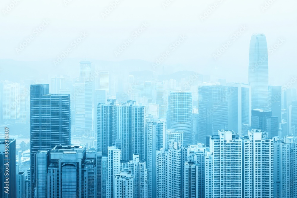 A serene cityscape featuring tall skyscrapers shrouded in a soft blue haze, evoking a calm and modern urban atmosphere. A serene cityscape featuring tall skyscrapers shrouded in a soft blue haze, evoking a calm and modern urban atmosphere.
