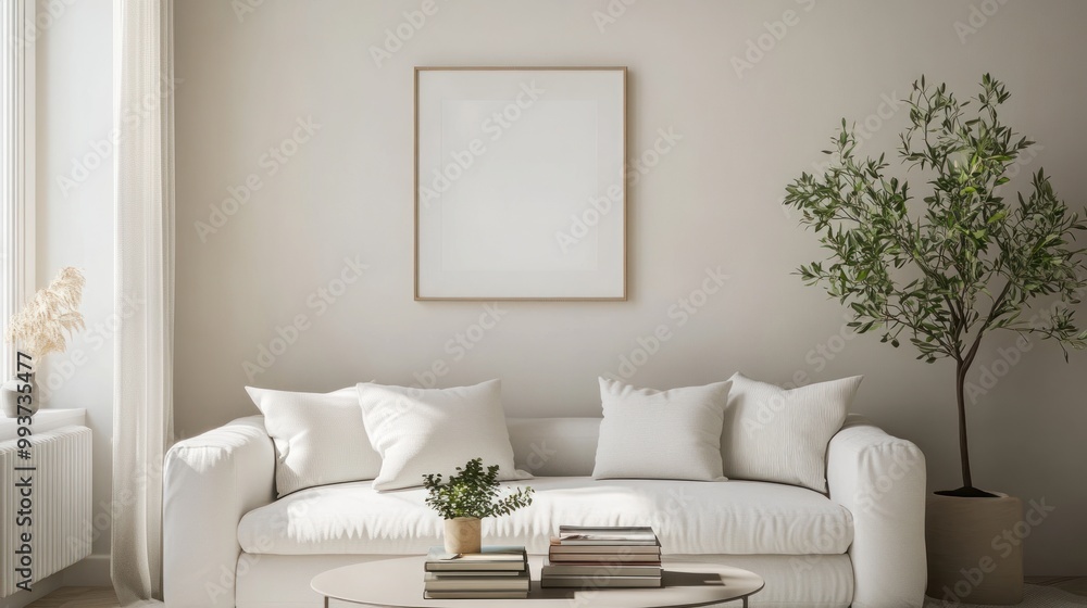 Naklejka premium A minimalist living room with a white sofa, decorative plants, and an empty frame.