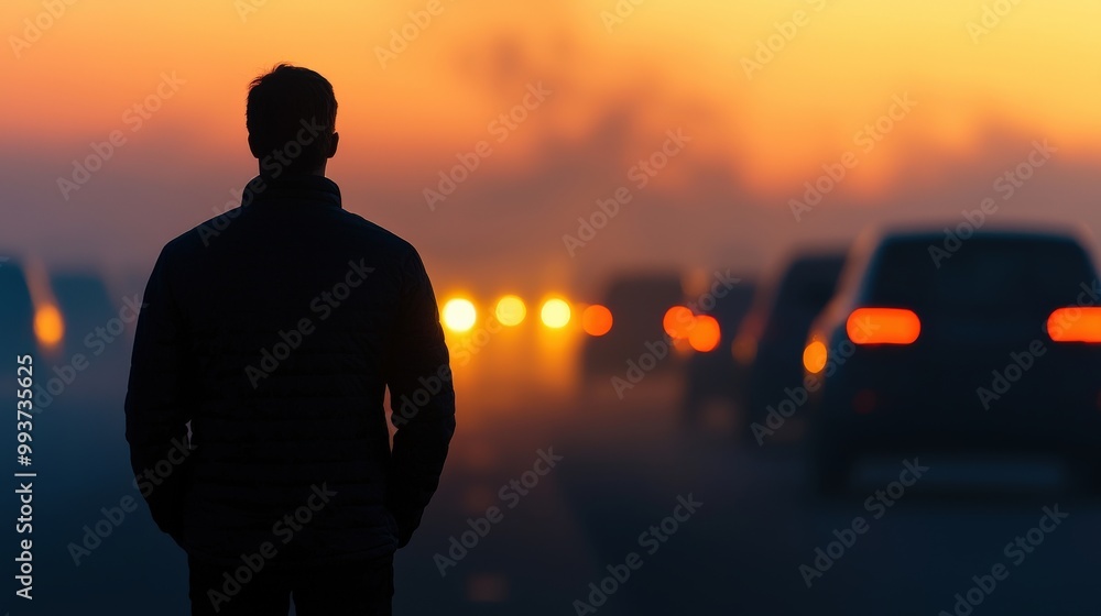 A silhouetted figure stands by a busy road at sunset, surrounded by traffic and mist, creating a contemplative atmosphere. A silhouetted figure stands by a busy road at sunset, surrounded by traffic and mist, creating a contemplative atmosphere.