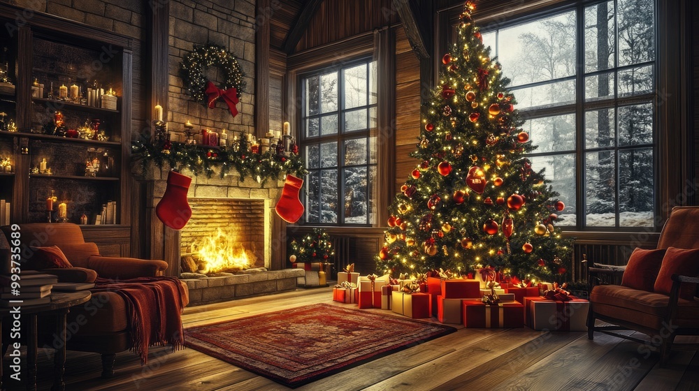 Cozy living room with a beautifully decorated Christmas tree, Cozy living room with a beautifully decorated Christmas tree,