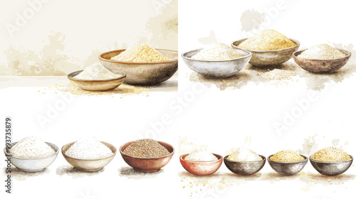 Four bowls of different sizes and colors of grains. The bowls are arranged in a row, with the largest bowl on the left and the smallest bowl on the right