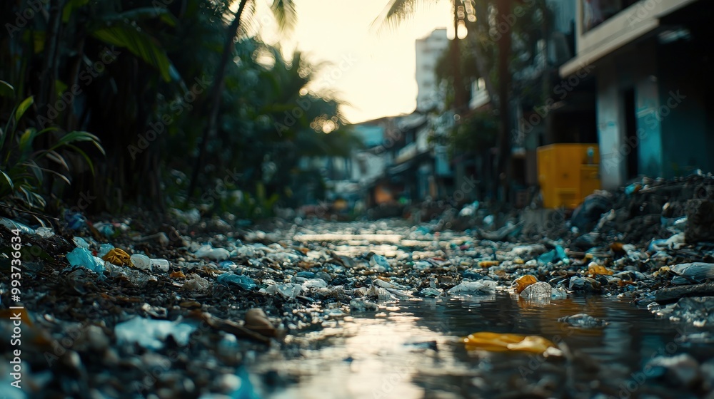 A strewn with plastic waste and debris, reflecting environmental pollution and poor sanitation in an urban setting. A strewn with plastic waste and debris, reflecting environmental pollution and poor sanitation in an urban setting.