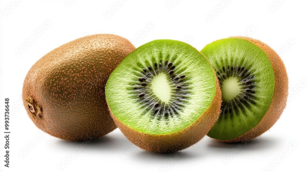 Three kiwis are shown, one of which is cut in half Three kiwis are shown, one of which is cut in half