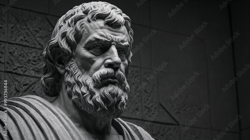 A black and white image of a stoic philosopher sculpture 