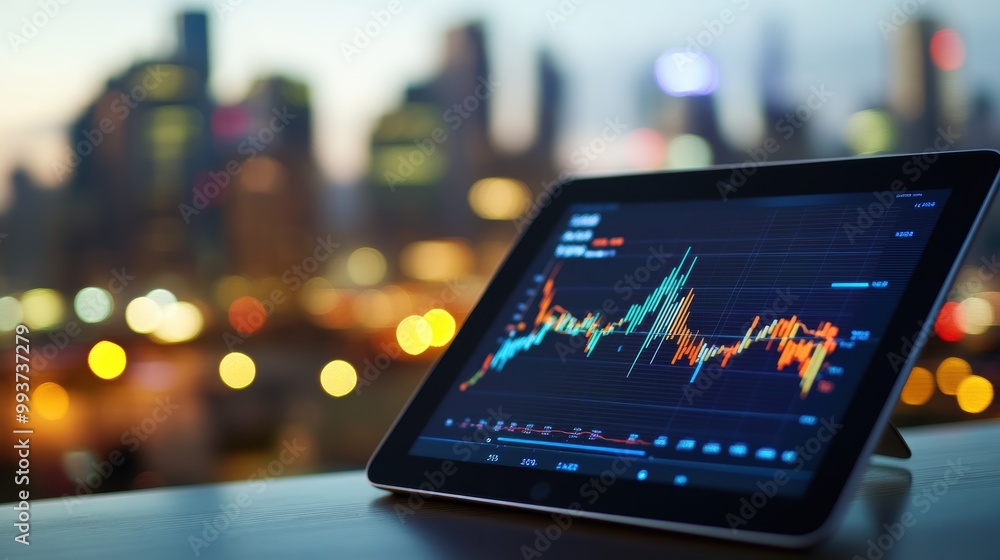 Tablet displaying stock market data with cityscape background Tablet displaying stock market data with cityscape background